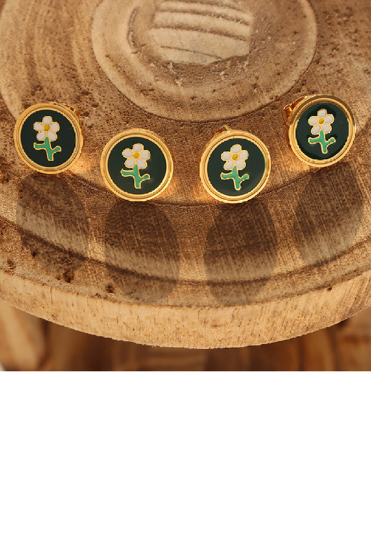 Fashion Elegant Plated Gold 316L Stainless Steel Enamel Flower Geometric Round Stud Earrings