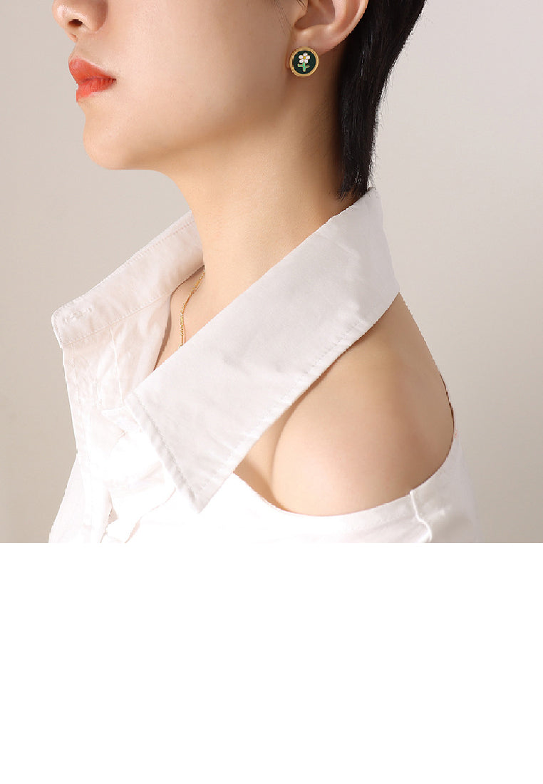 Fashion Elegant Plated Gold 316L Stainless Steel Enamel Flower Geometric Round Stud Earrings