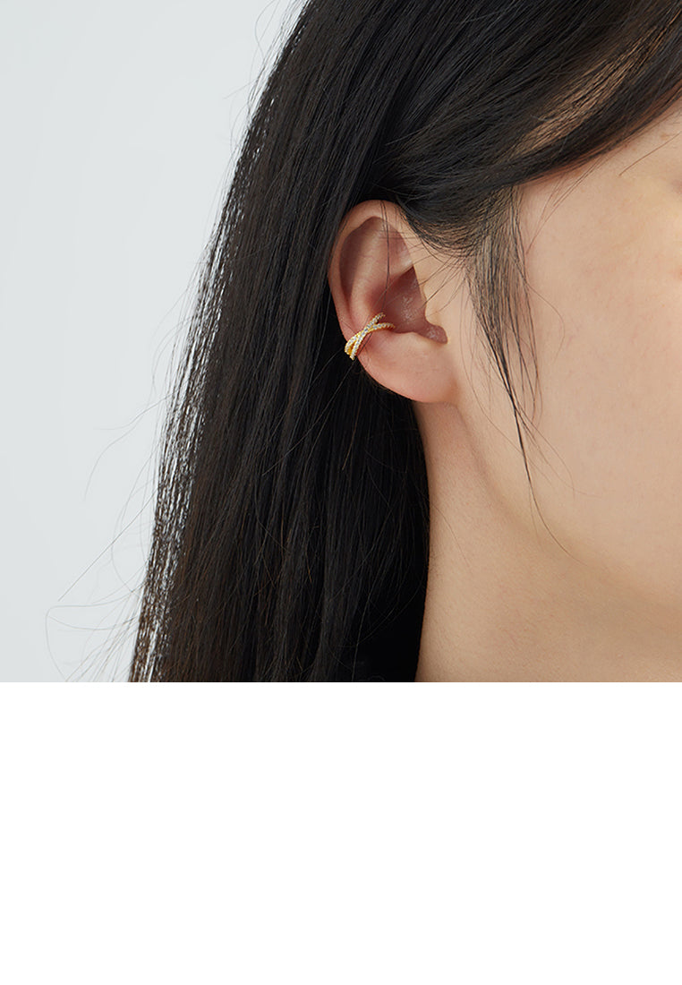 925 Sterling Silver Plated Gold Cross Geometric Circle Ear Clip with Cubic Zirconia - Luxurious Look