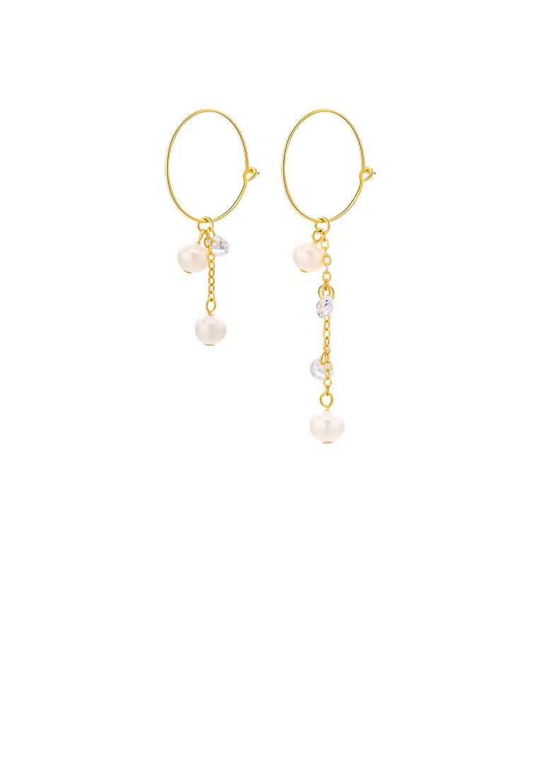 925 Sterling Silver Plated Gold Simple Elegant Geometric Circle Freshwater Pearl Asymmetric Tassel Earrings - Luxurious Look