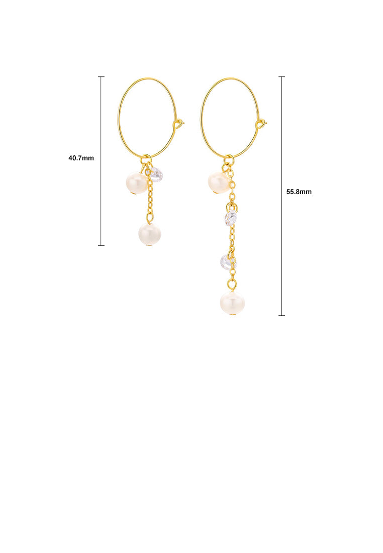 925 Sterling Silver Plated Gold Simple Elegant Geometric Circle Freshwater Pearl Asymmetric Tassel Earrings - Luxurious Look