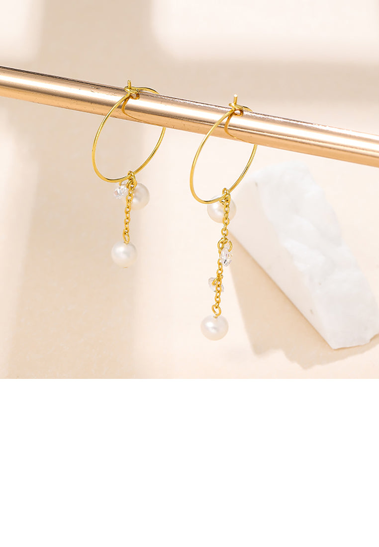 925 Sterling Silver Plated Gold Simple Elegant Geometric Circle Freshwater Pearl Asymmetric Tassel Earrings - Luxurious Look