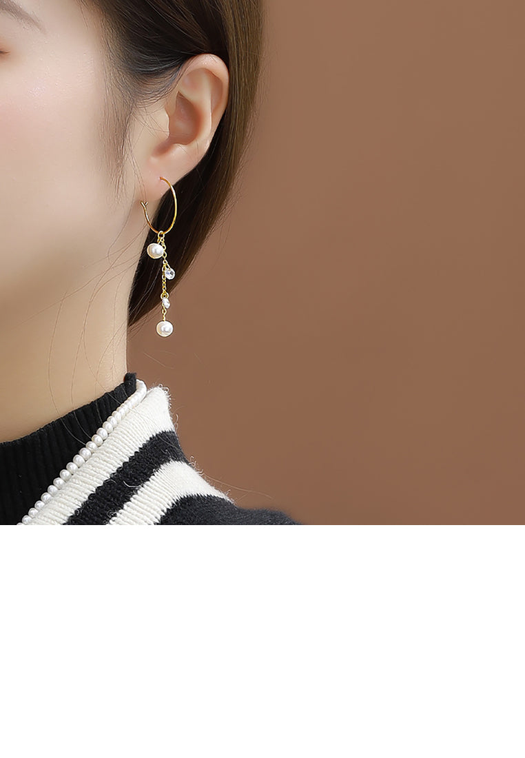 925 Sterling Silver Plated Gold Simple Elegant Geometric Circle Freshwater Pearl Asymmetric Tassel Earrings - Luxurious Look