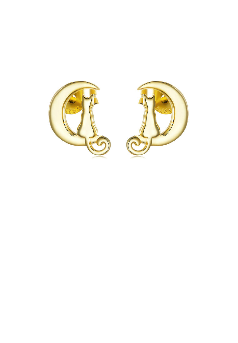 925 Sterling Silver Plated Gold Fashion Simple Moon Cat Stud Earrings