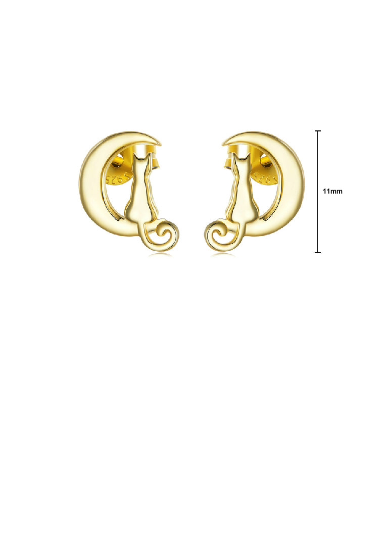 925 Sterling Silver Plated Gold Fashion Simple Moon Cat Stud Earrings