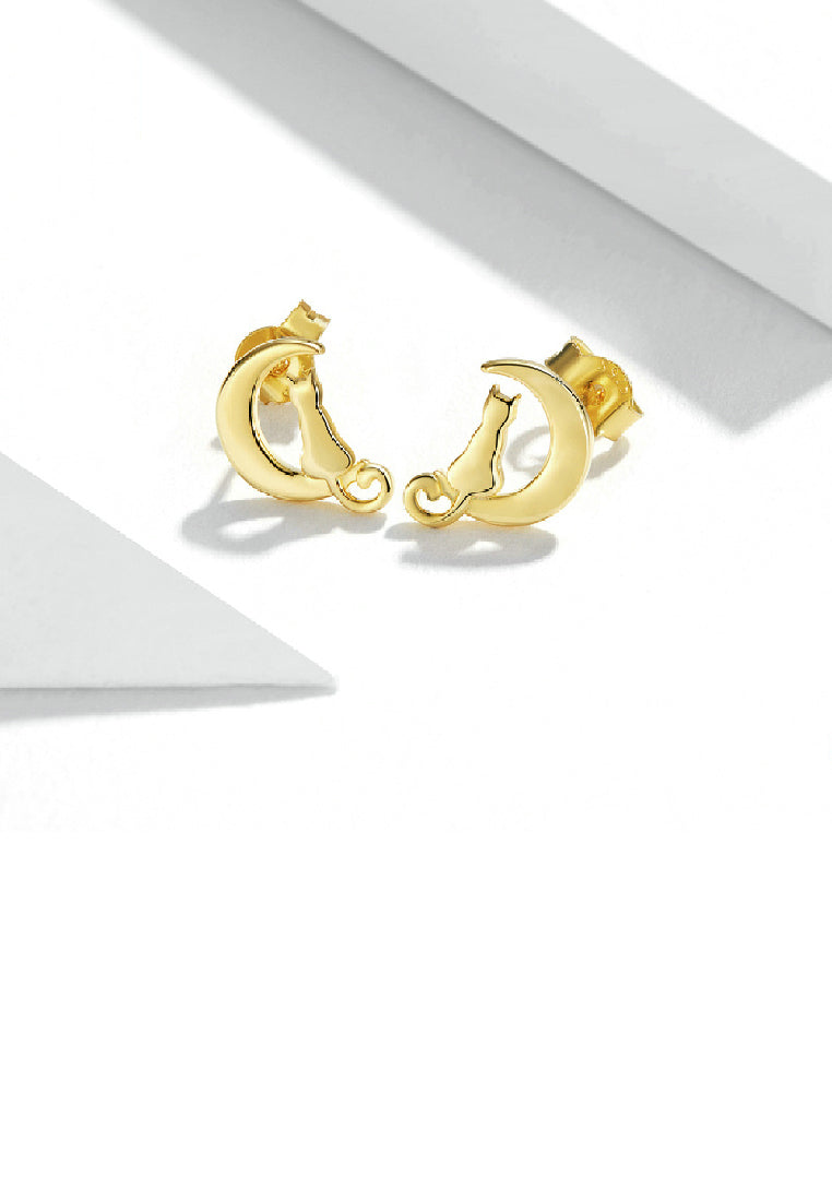 925 Sterling Silver Plated Gold Fashion Simple Moon Cat Stud Earrings