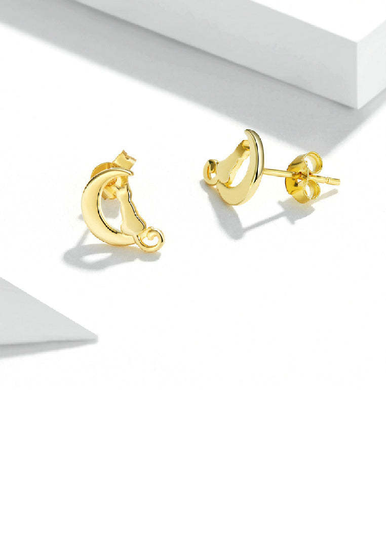 925 Sterling Silver Plated Gold Fashion Simple Moon Cat Stud Earrings