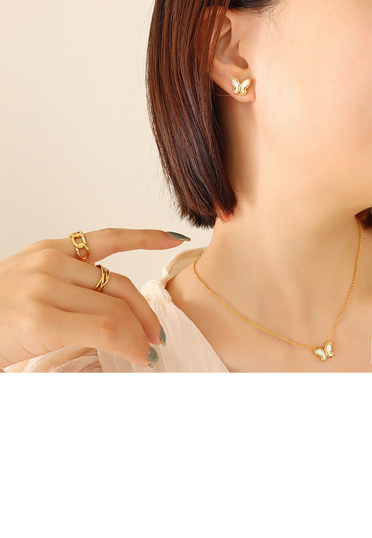 Simple Fashion Plated Gold 316L Stainless Steel Butterfly White Shell Stud Earrings