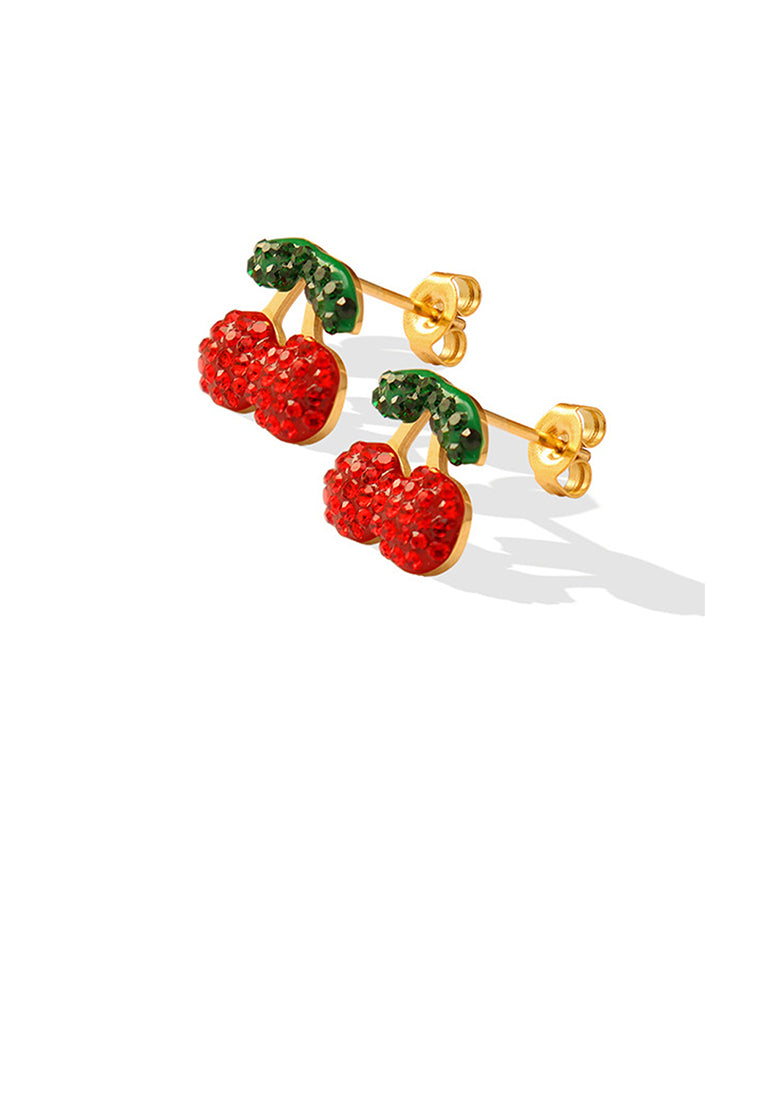 Sweet and Lovely Plated Gold 316L Stainless Steel Cherry Stud Earrings with Cubic Zirconia - Luxurious Look