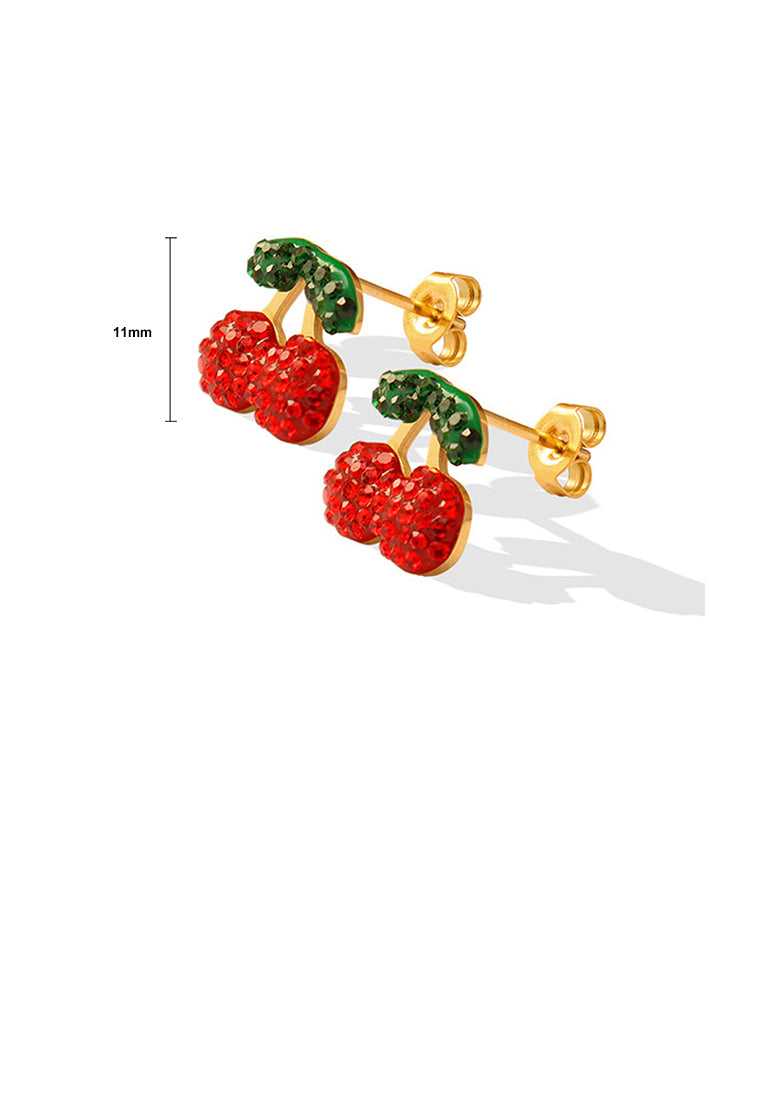 Sweet and Lovely Plated Gold 316L Stainless Steel Cherry Stud Earrings with Cubic Zirconia - Luxurious Look