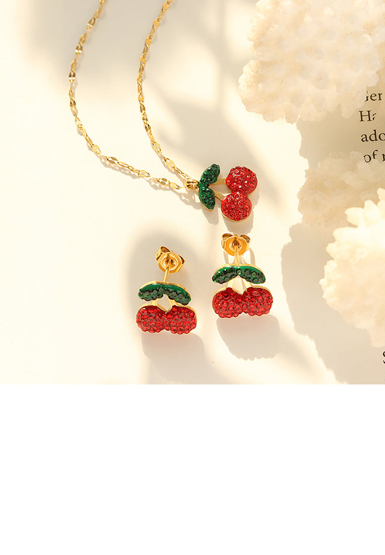 Sweet and Lovely Plated Gold 316L Stainless Steel Cherry Stud Earrings with Cubic Zirconia - Luxurious Look