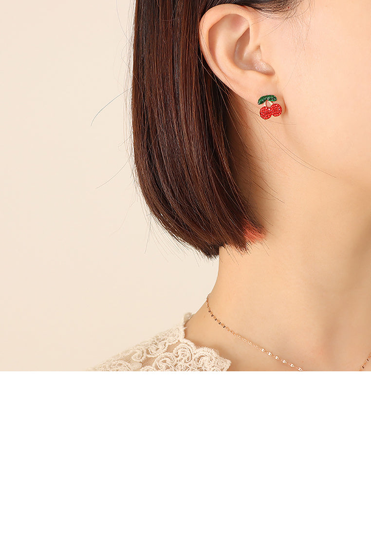 Sweet and Lovely Plated Gold 316L Stainless Steel Cherry Stud Earrings with Cubic Zirconia - Luxurious Look