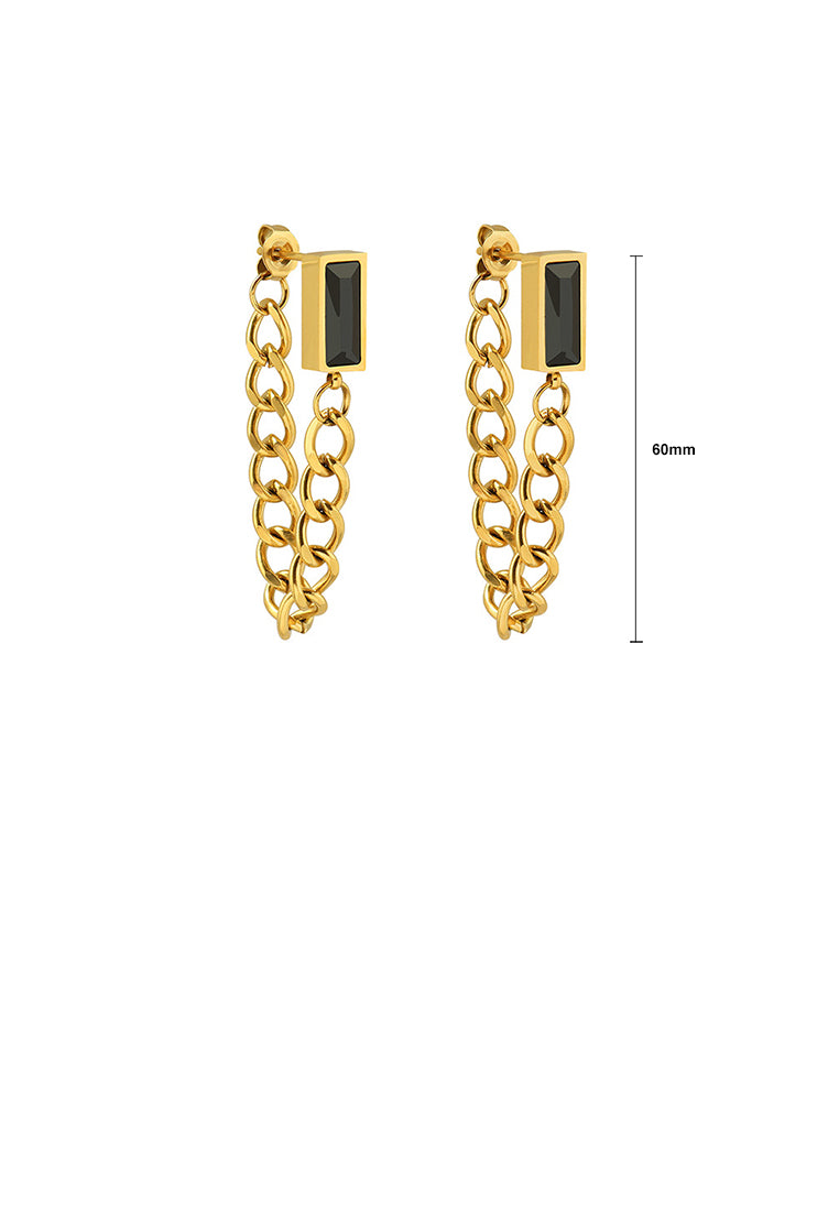 Fashion Simple Plated Gold 316L Stainless Steel Geometric Square Tassel Earrings with Black Cubic Zirconia - Luxurious Look