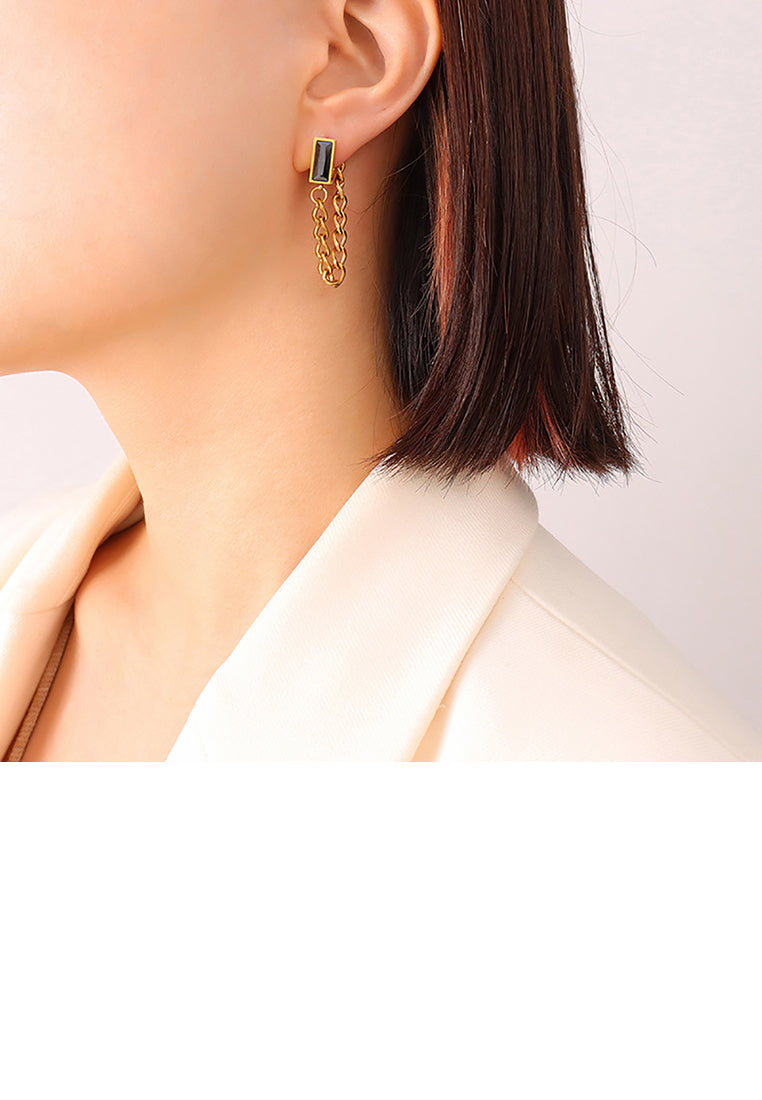 Fashion Simple Plated Gold 316L Stainless Steel Geometric Square Tassel Earrings with Black Cubic Zirconia - Luxurious Look