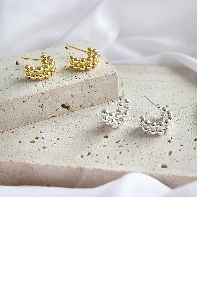 925 Sterling Silver Plated Gold Simple Fashion Double Row Geometric Round Bead Stud Earrings