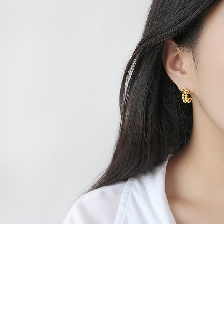 925 Sterling Silver Plated Gold Simple Fashion Double Row Geometric Round Bead Stud Earrings