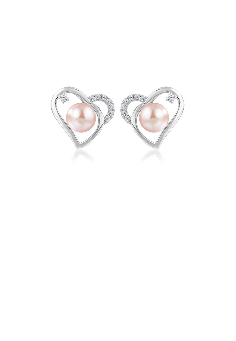 925 Sterling Silver Fashion Simple Heart Shaped Purple Freshwater Pearl Stud Earrings with Cubic Zirconia - Luxurious Look