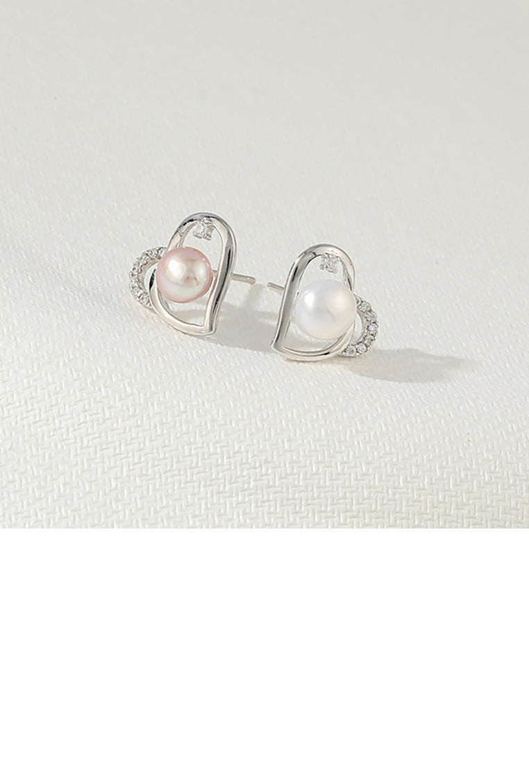 925 Sterling Silver Fashion Simple Heart Shaped Purple Freshwater Pearl Stud Earrings with Cubic Zirconia - Luxurious Look