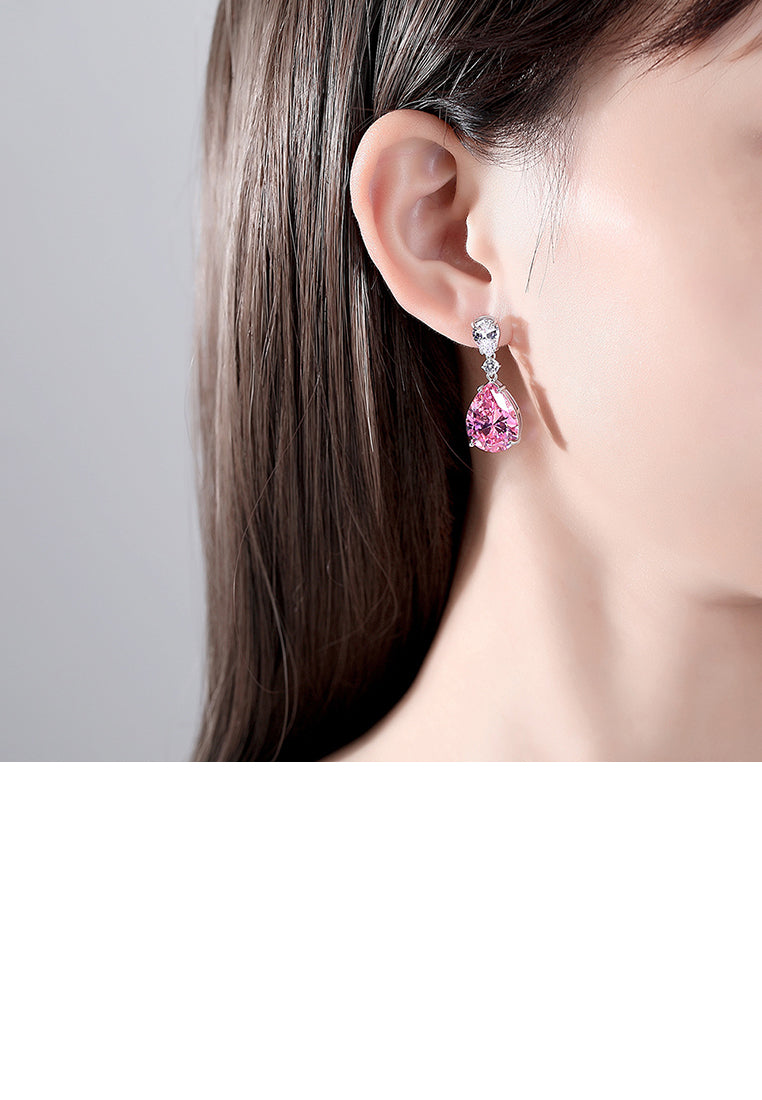 925 Sterling Silver Fashion and Elegant Water Drop-shaped Earrings with Pink Cubic Zirconia - Luxurious Look - Vibrant Color