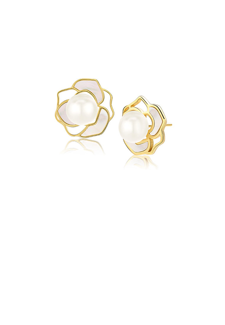 925 Sterling Silver Plated Gold Fashion Temperament Camellia Freshwater Pearl Stud Earrings - Luxurious Look