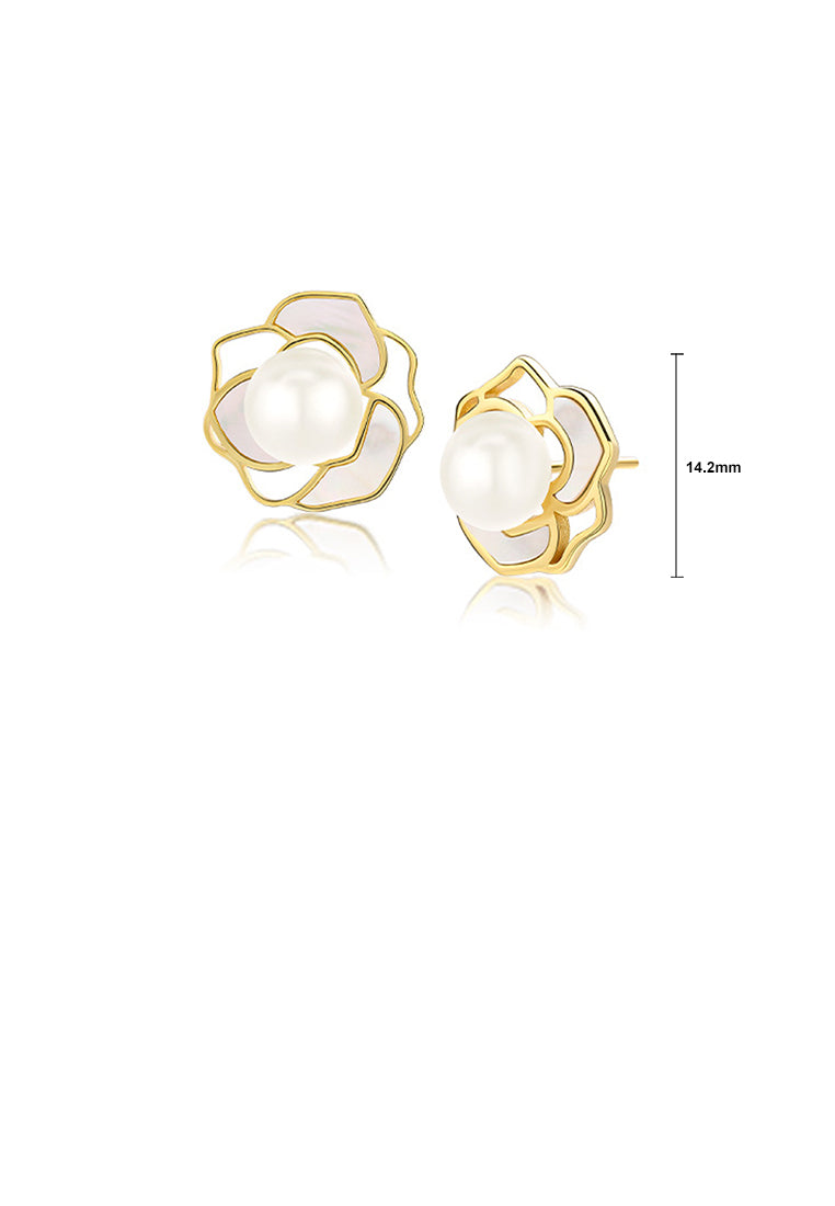 925 Sterling Silver Plated Gold Fashion Temperament Camellia Freshwater Pearl Stud Earrings - Luxurious Look
