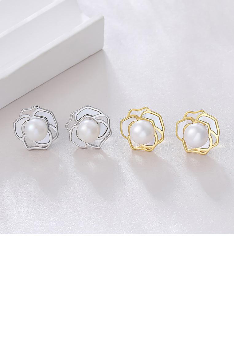 925 Sterling Silver Plated Gold Fashion Temperament Camellia Freshwater Pearl Stud Earrings - Luxurious Look