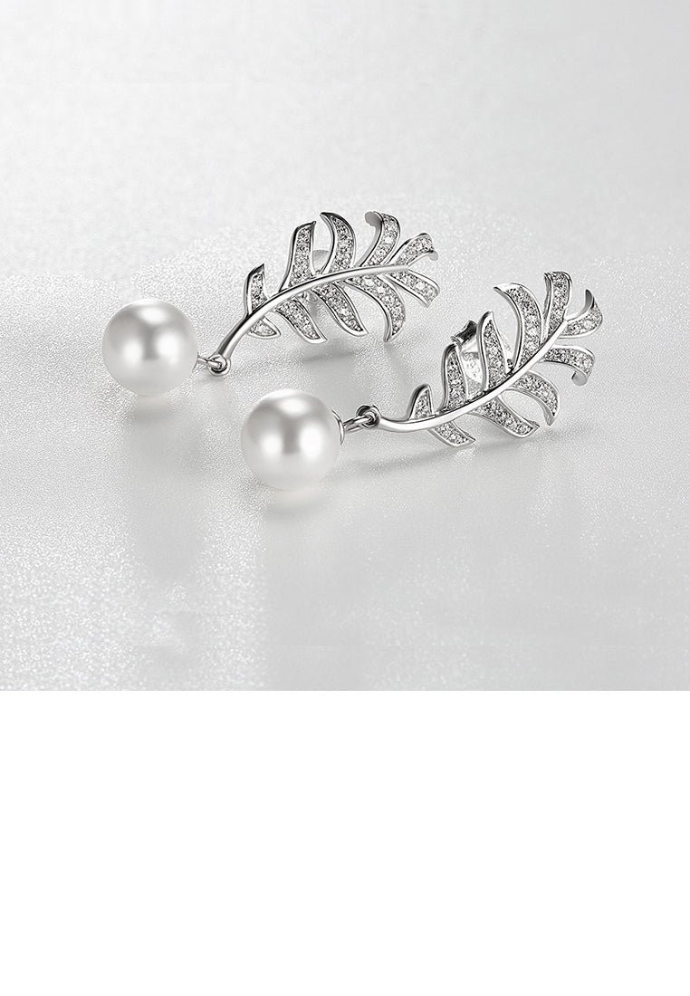925 Sterling Silver Leaf Earrings with Austrian Element Crystals and Fashion Pearls