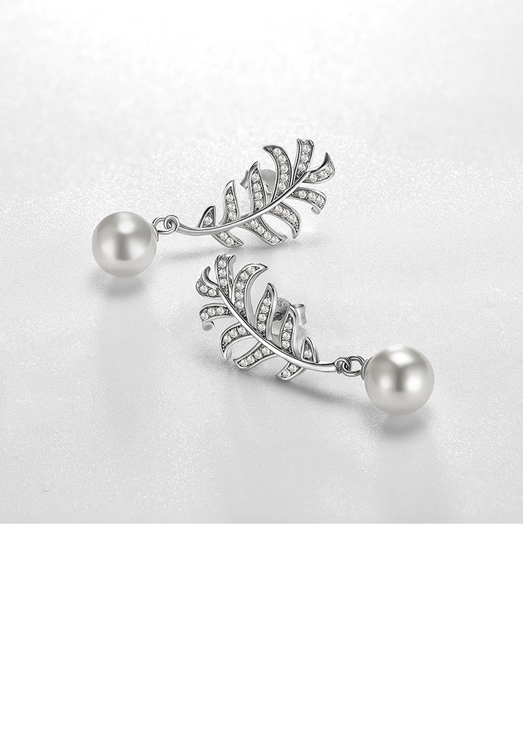 925 Sterling Silver Leaf Earrings with Austrian Element Crystals and Fashion Pearls
