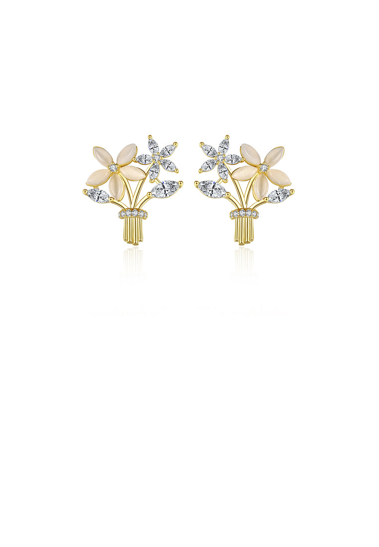 Fashion Elegant Plated Gold Flower Imitation Opal Stud Earrings with Cubic Zirconia - Luxurious Look