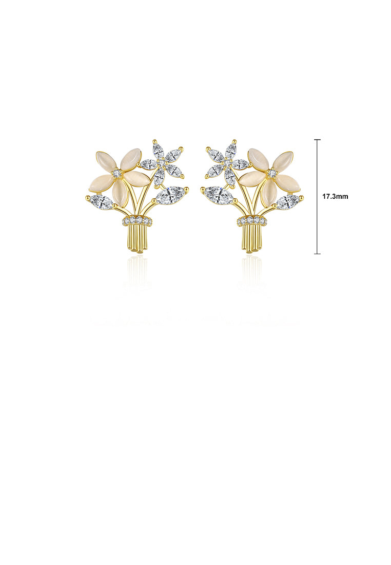 Fashion Elegant Plated Gold Flower Imitation Opal Stud Earrings with Cubic Zirconia - Luxurious Look