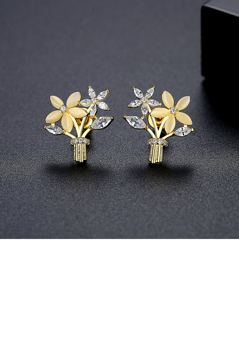 Fashion Elegant Plated Gold Flower Imitation Opal Stud Earrings with Cubic Zirconia - Luxurious Look