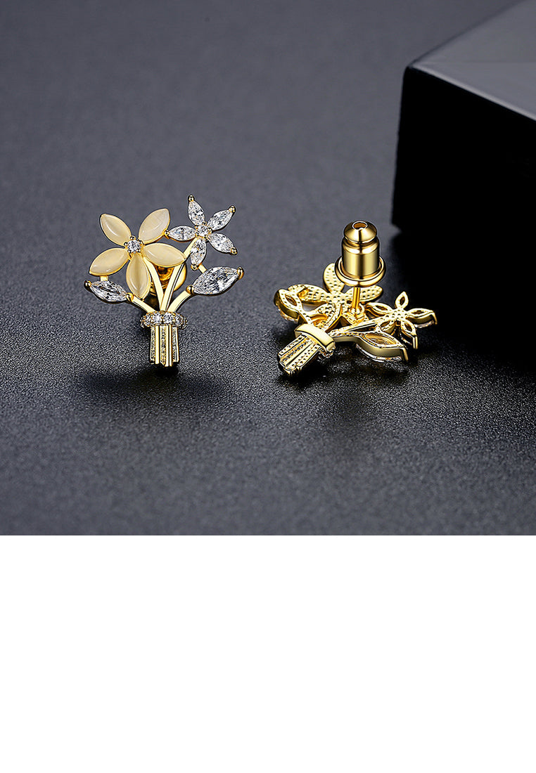 Fashion Elegant Plated Gold Flower Imitation Opal Stud Earrings with Cubic Zirconia - Luxurious Look