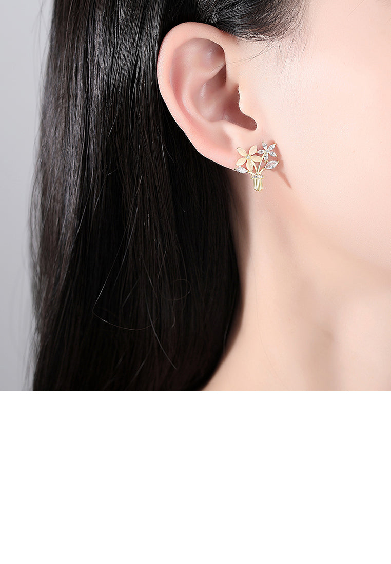 Fashion Elegant Plated Gold Flower Imitation Opal Stud Earrings with Cubic Zirconia - Luxurious Look