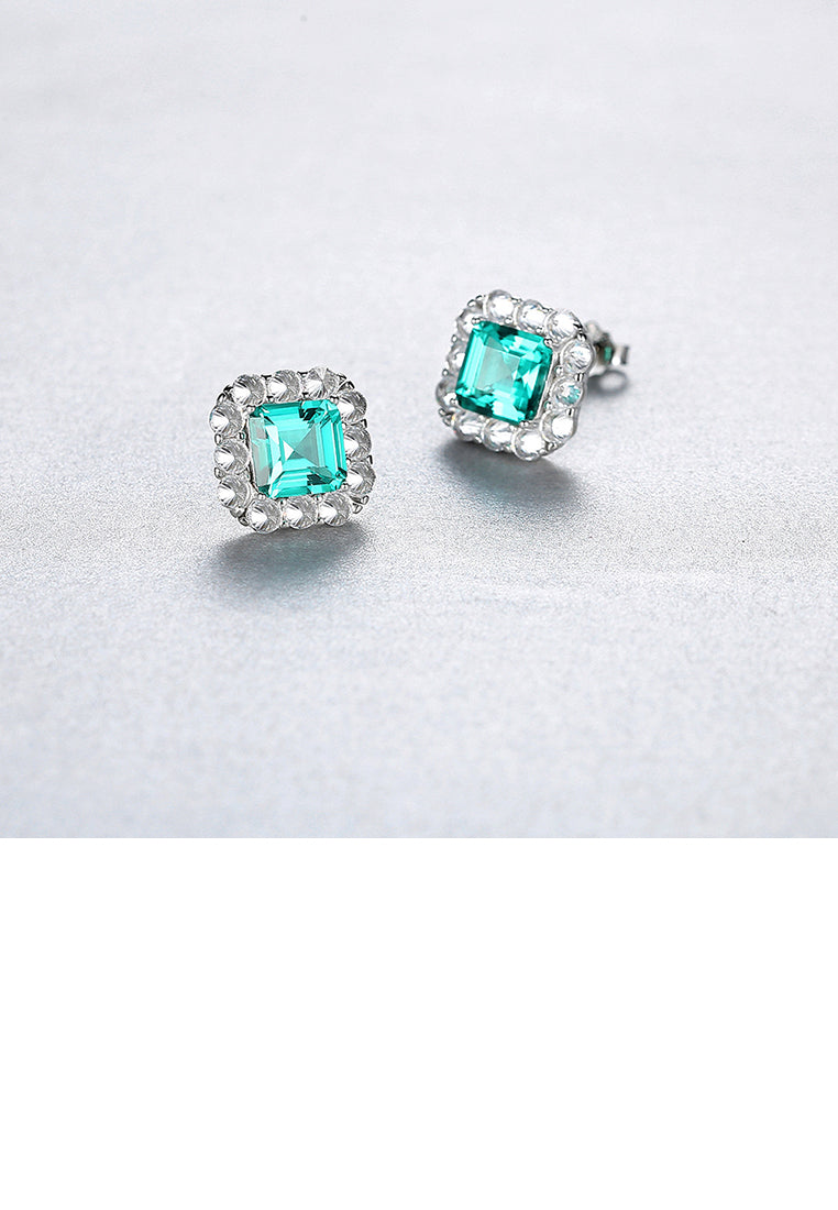 925 Sterling Silver Fashion Simple Geometric Square Stud Earrings with Green Cubic Zirconia - Luxurious Look