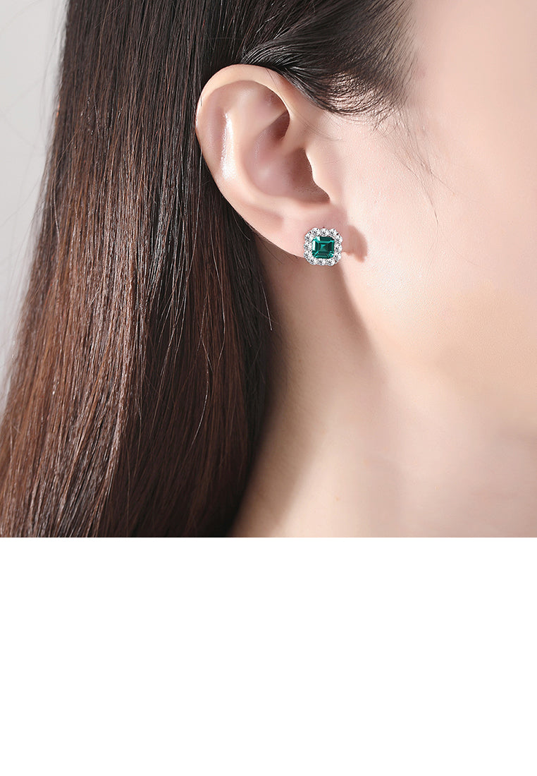 925 Sterling Silver Fashion Simple Geometric Square Stud Earrings with Green Cubic Zirconia - Luxurious Look