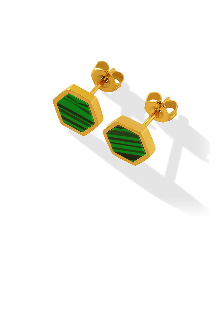 Simple Temperament Plated Gold 316L Stainless Steel Green Striped Geometric Polygon Stud Earrings