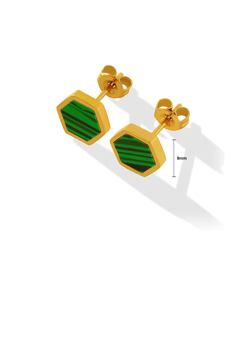 Simple Temperament Plated Gold 316L Stainless Steel Green Striped Geometric Polygon Stud Earrings