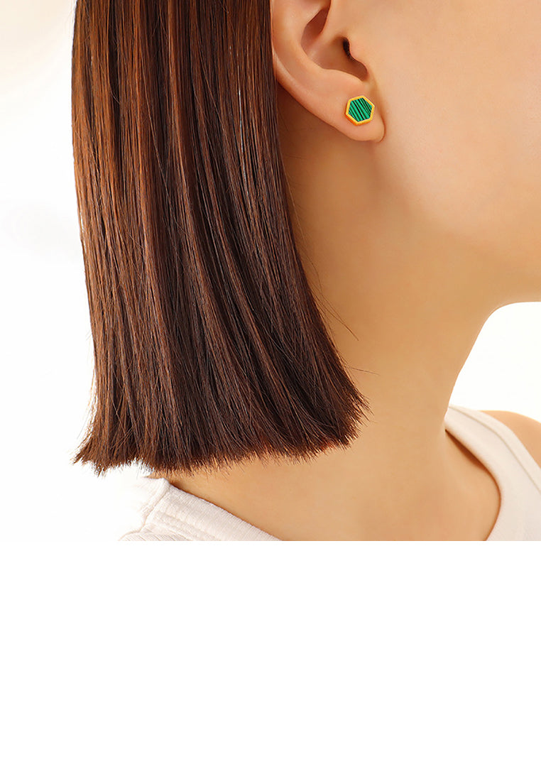 Simple Temperament Plated Gold 316L Stainless Steel Green Striped Geometric Polygon Stud Earrings