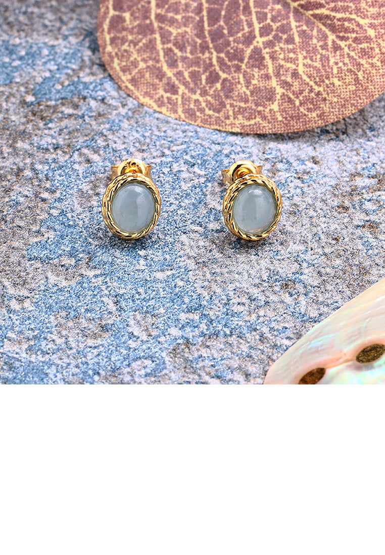 925 Sterling Silver Plated Gold Twist Geometric Oval Blue Cubic Zirconia Stud Earrings - Luxurious Look