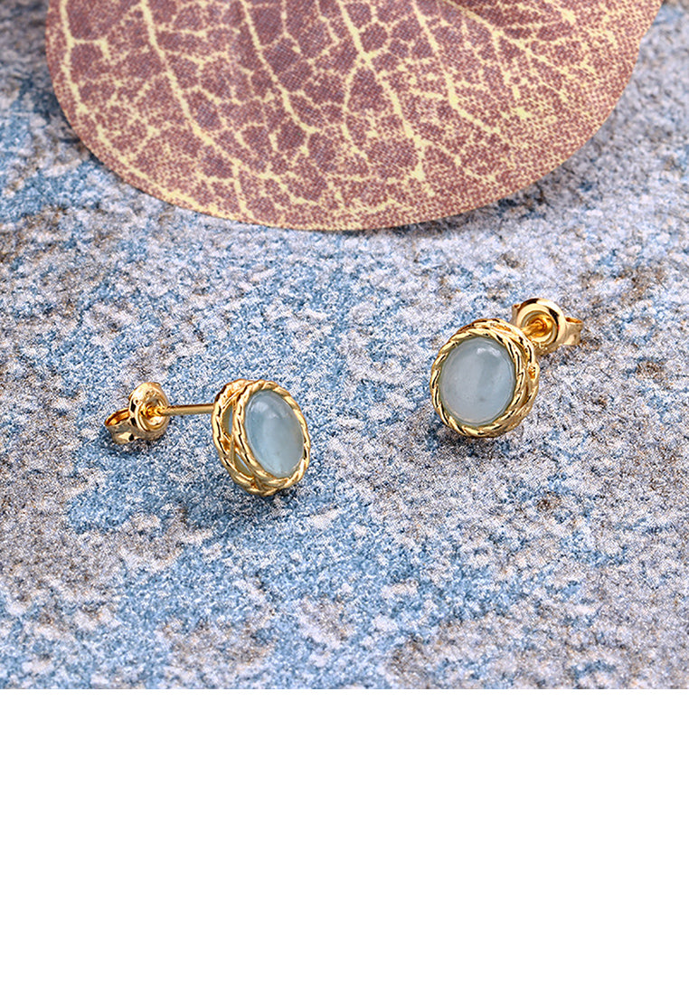 925 Sterling Silver Plated Gold Twist Geometric Oval Blue Cubic Zirconia Stud Earrings - Luxurious Look