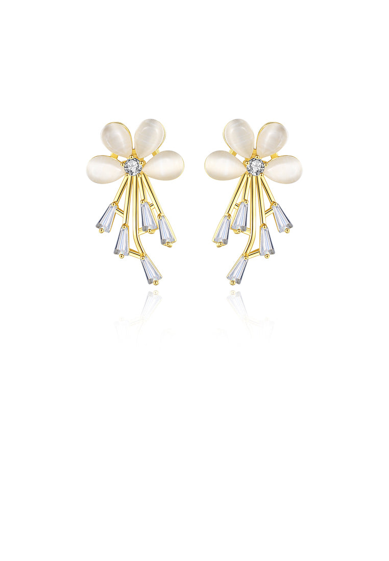 Fashion Temperament Plated Gold Flower Imitation Opal Stud Earrings with Cubic Zirconia - Luxurious Look