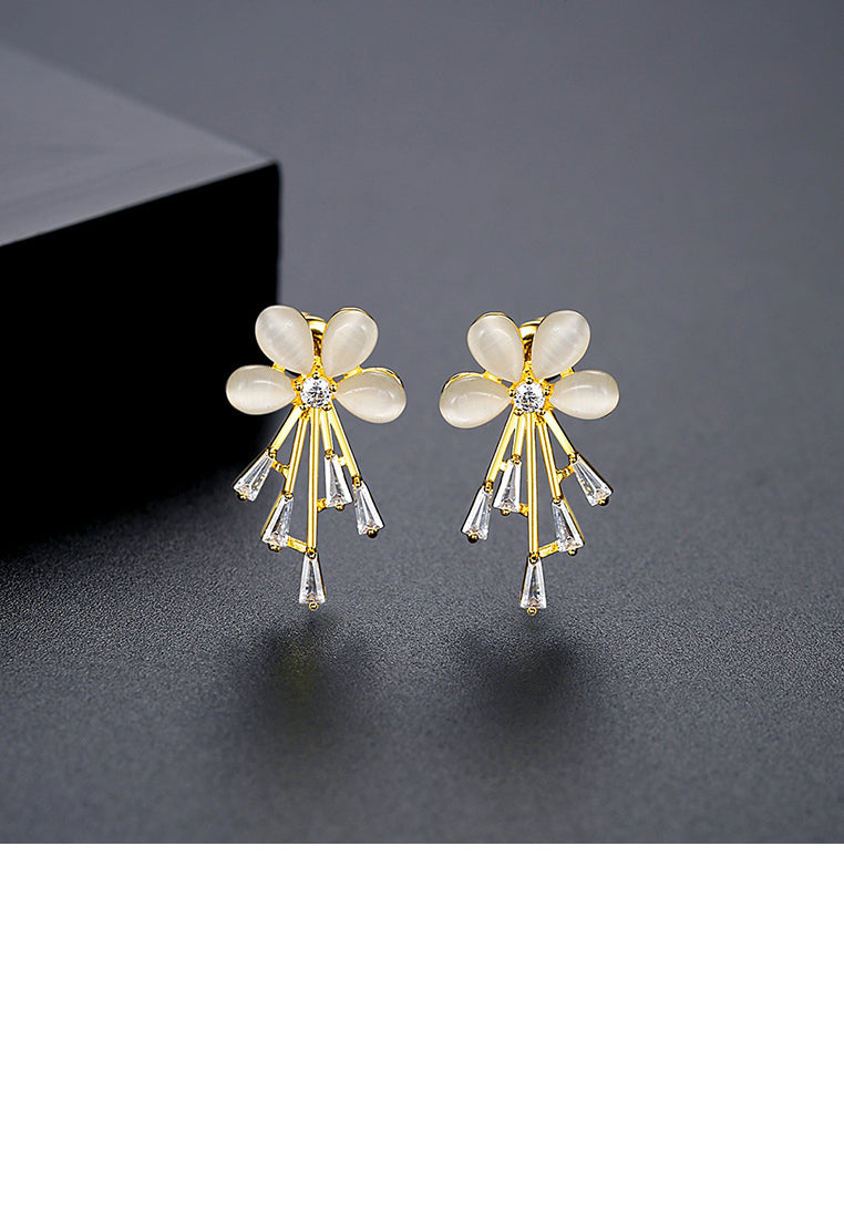 Fashion Temperament Plated Gold Flower Imitation Opal Stud Earrings with Cubic Zirconia - Luxurious Look