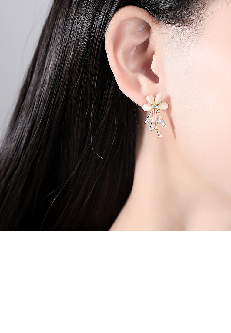 Fashion Temperament Plated Gold Flower Imitation Opal Stud Earrings with Cubic Zirconia - Luxurious Look