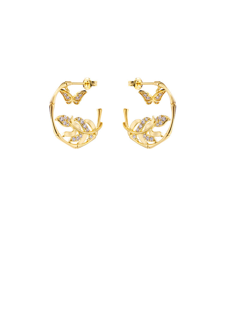 925 Sterling Silver Plated Gold Elegant Bamboo Butterfly Earrings with Cubic Zirconia - Luxurious Look