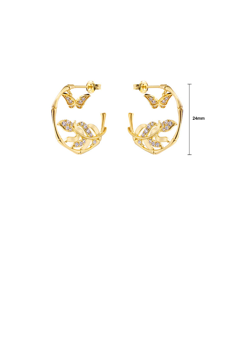 925 Sterling Silver Plated Gold Elegant Bamboo Butterfly Earrings with Cubic Zirconia - Luxurious Look