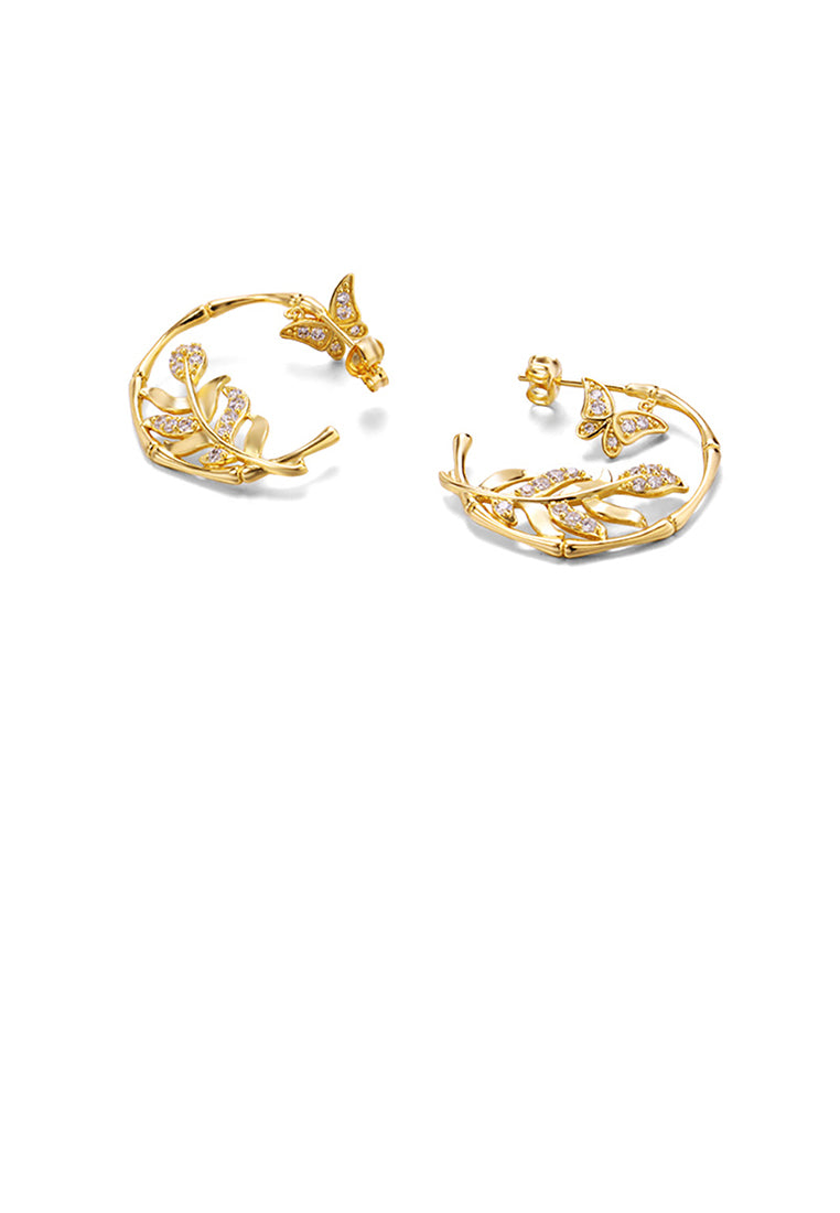 925 Sterling Silver Plated Gold Elegant Bamboo Butterfly Earrings with Cubic Zirconia - Luxurious Look