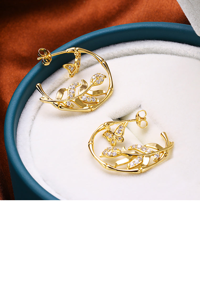 925 Sterling Silver Plated Gold Elegant Bamboo Butterfly Earrings with Cubic Zirconia - Luxurious Look