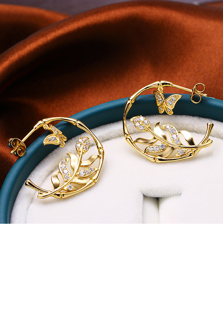 925 Sterling Silver Plated Gold Elegant Bamboo Butterfly Earrings with Cubic Zirconia - Luxurious Look