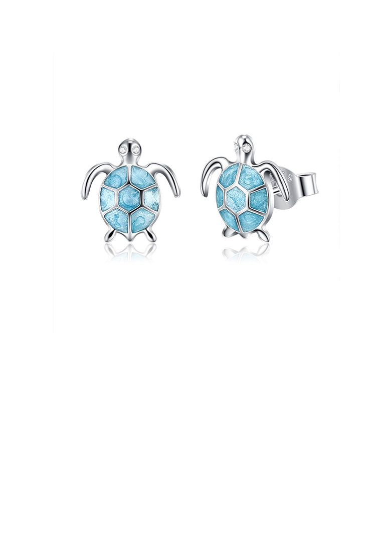 925 Sterling Silver Fashion Cute Blue Turtle Stud Earrings with Cubic Zirconia - Luxurious Look