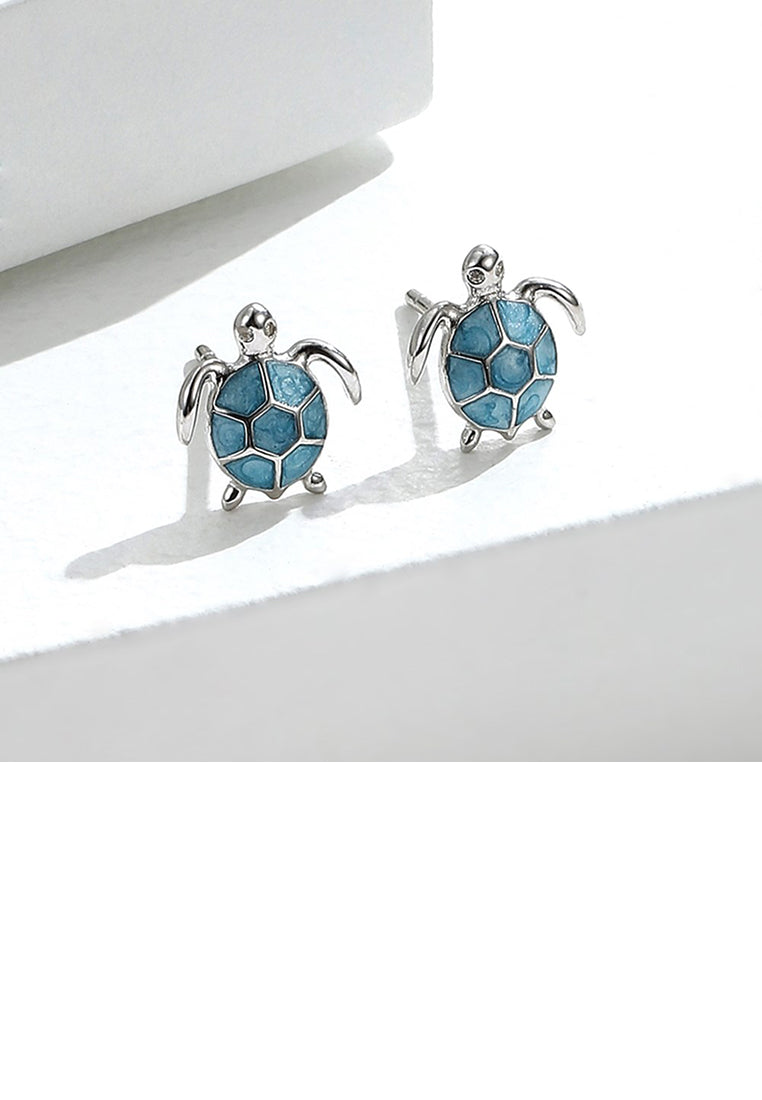 925 Sterling Silver Fashion Cute Blue Turtle Stud Earrings with Cubic Zirconia - Luxurious Look